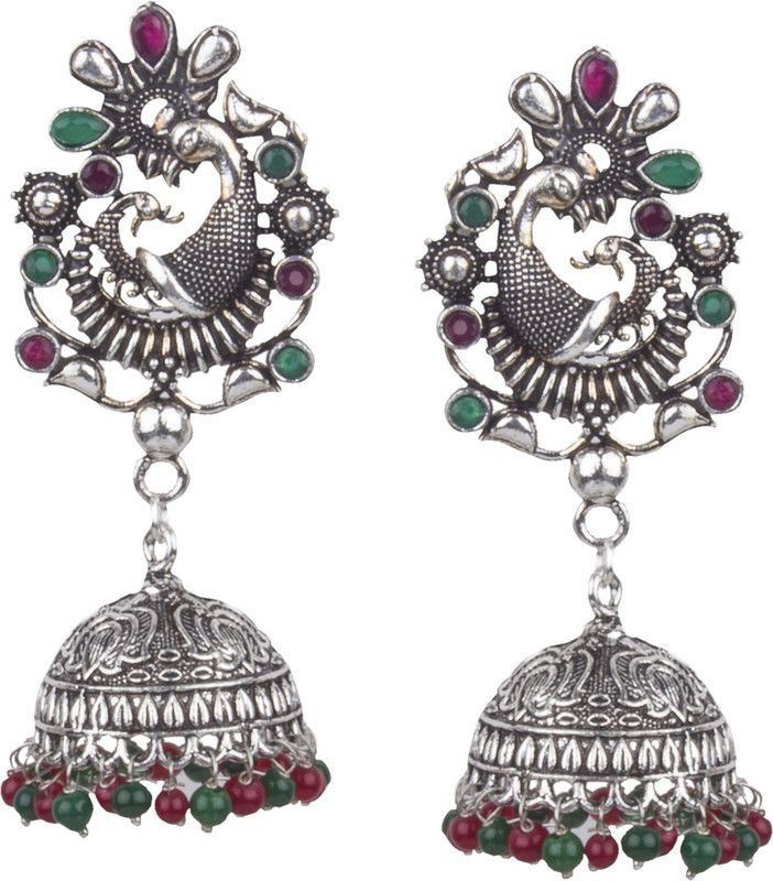 Piah Fashion Gorgeous Peacock Design Silver Plated Oxidised Brass Push Back Jhumki Earring For Women Brass Jhumki Earring Brass Jhumki Earring
