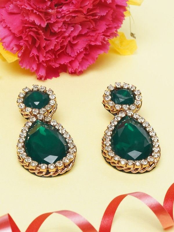 Gold-Plated Green & Transparent Fabric Handcrafted Teardrop Shaped Drop Earrings Fabric Drops & Danglers