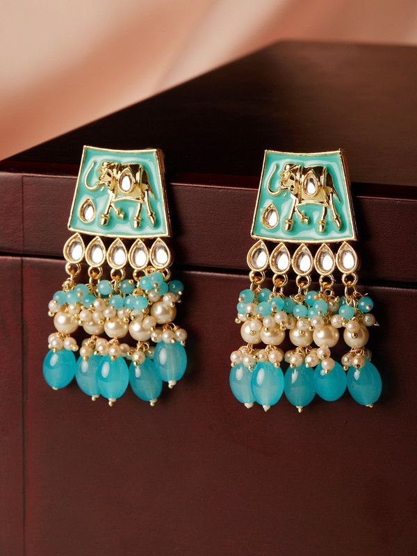 Rubans Gold Plated Green Enamel Earrings With Green Beads And Pearls. Alloy Stud Earring