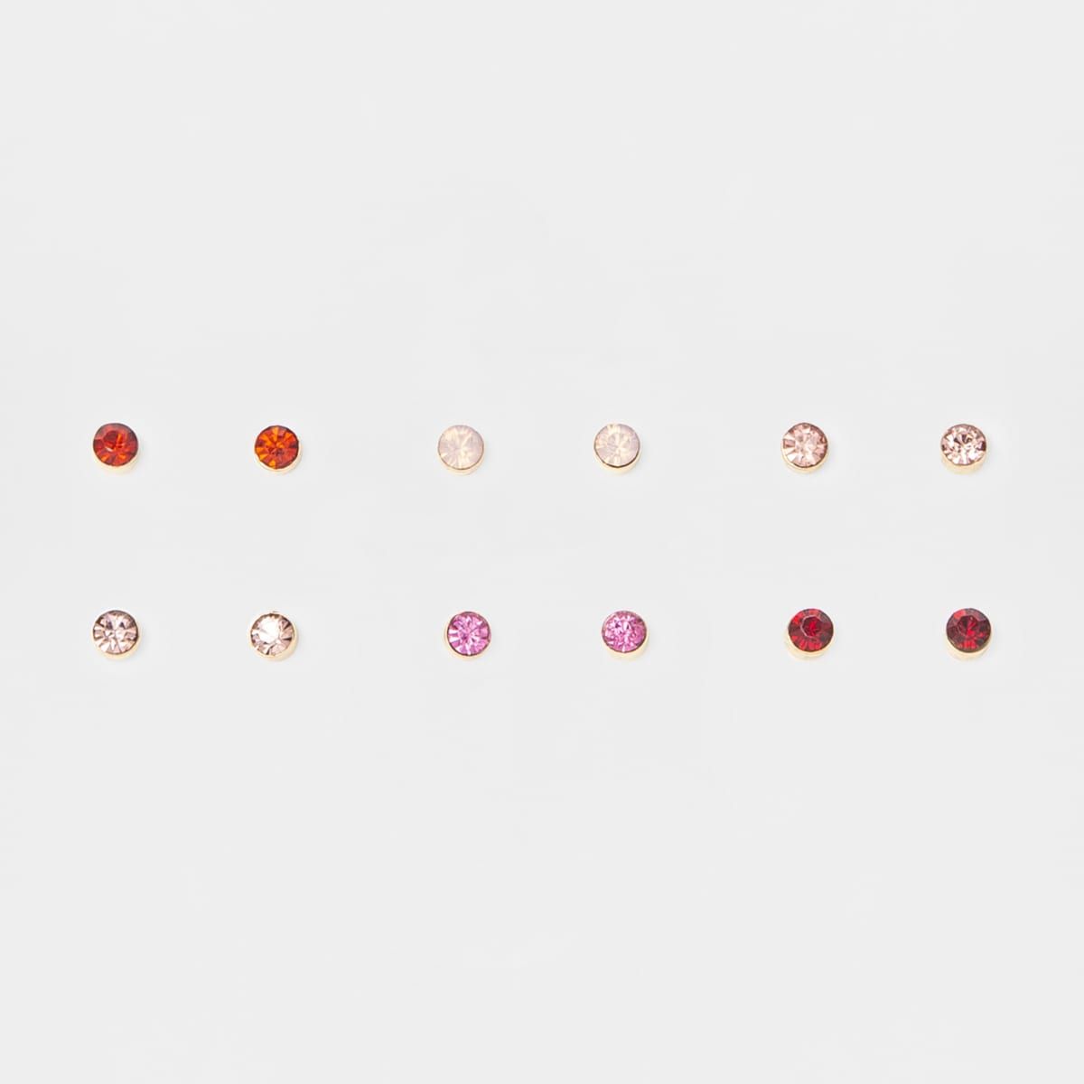 6 Pack Small Crystal Stud Earrings - Reds