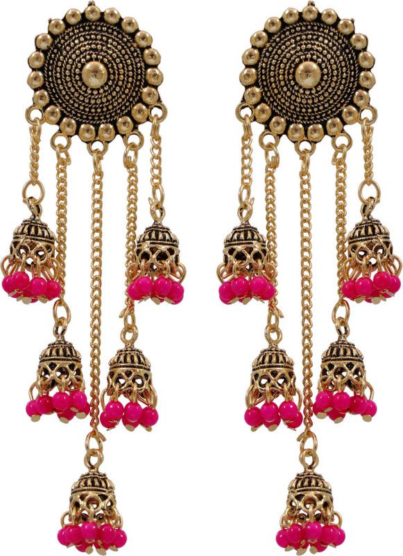 Retro Big Gold Jhumka With Pink Beads Long Chain Tassel Hangers Earrings Alloy Jhumki Earring