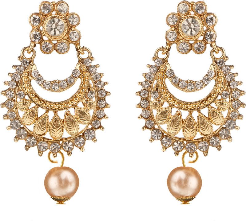 Attractive Leaf Design White Stone Chand Bali Earring For Women Beads Alloy Drops & Danglers