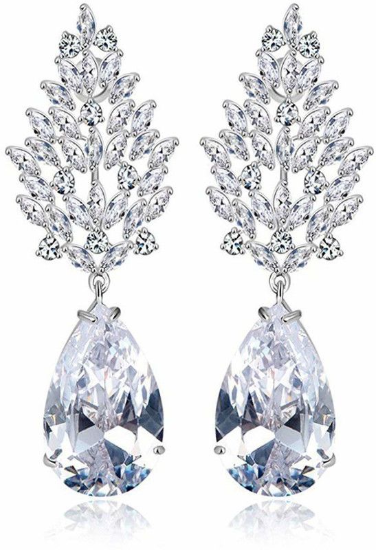 Beautiful Elegant White Swiss Asa Zircon Stud Big and Long Dangling Party Wear Earrings Jewelry Gift For Women and Girls Cubic Zirconia Crystal Clip-on Earring