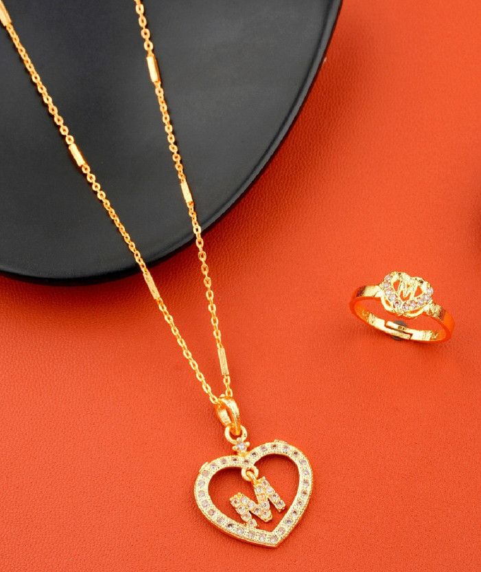 M name letter Diamond Pendant locket chain with letter ring for girls & women Gold-plated Beads Alloy Pendant