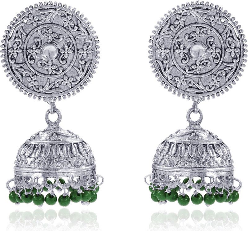 Afghani Tribal Green Silver Plated Round Oxidised Jhumki Brass Jhumki Earring