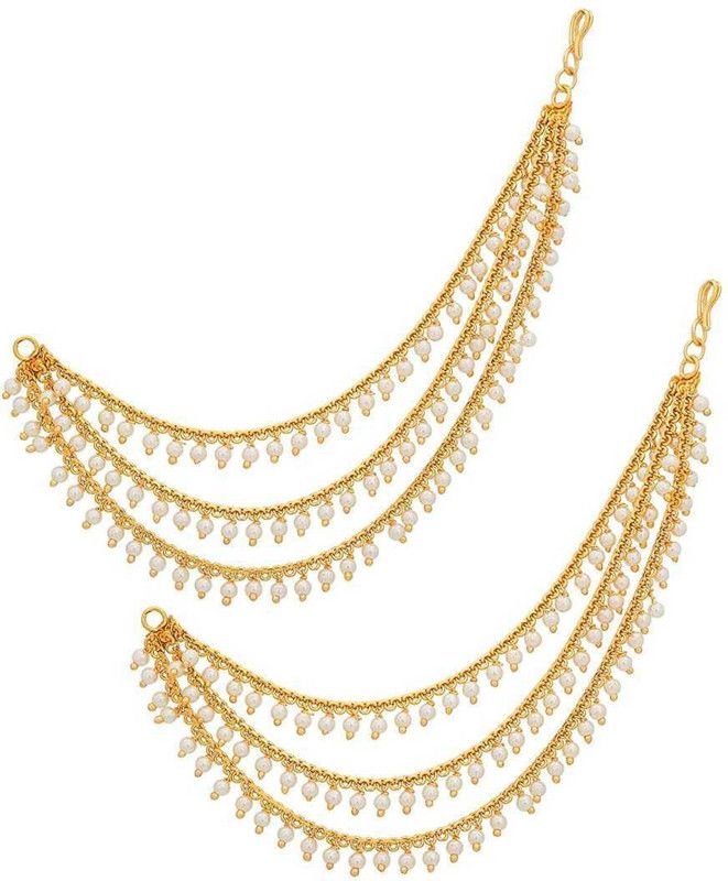Earchain Traditional Gold Long Bridal Wedding kaan chain for Women & Girls Cubic Zirconia Alloy Clip-on Earring, Cuff Earring