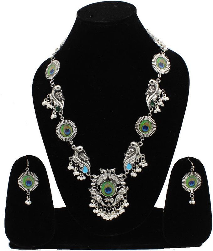 Oxidised Silver Silver Silver, Green, Blue Jewel Set  (Pack of 1)