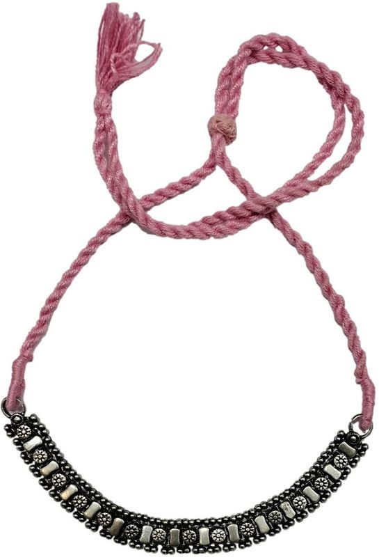 Baby Pink Thread Silver Oxidised Brass metal Collar Necklace Floral Design Brass Necklace