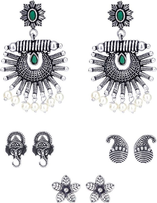 Ethnic German Silver Oxidised combo of Four pairs Flower Ganesh Design Traditional Stud and Chandbali Earrings for Women And Girls Brass Chandbali Earring, Stud Earring
