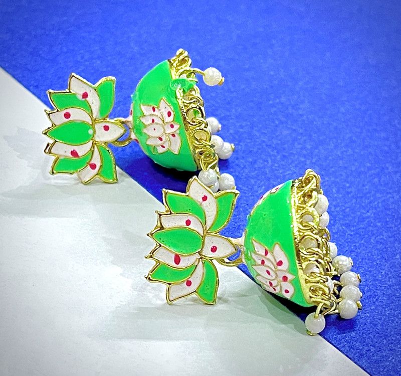 (Small Kamal Jhumki-Light Green) Fancy Lotus Flower Design Earring Alloy Jhumki Earring