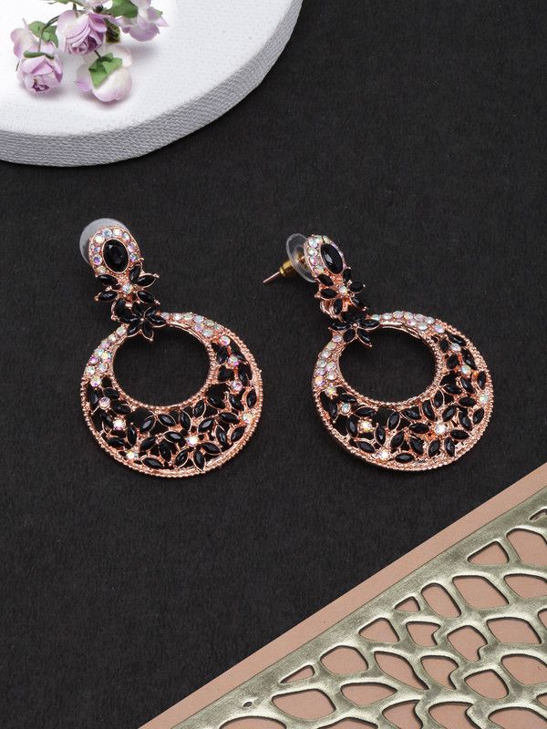 Rose Gold-Plated Black & Transparent Stone Studded Drop Earrings Agate Brass Drops & Danglers