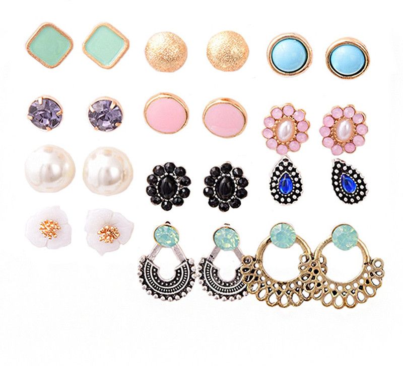 Combo of 12 Pairs Crystal Pearl Rose Gold Plated Stud Hoop Earrings Set Brass Earring Set