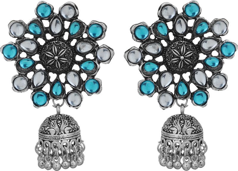 Traditional Oxidized Silver Exclusive Floral Design CZ Stone Dangle Jhumka Ghungroo Earrings Alloy Jhumki Earring