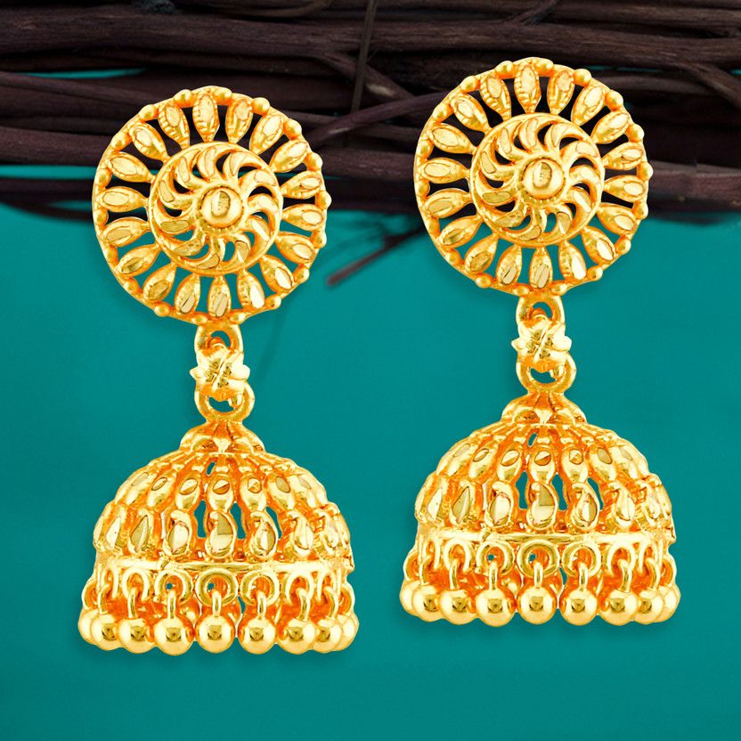 Traditional jhumka Jhumkas 1 gram gold wedding bridal Stylish fancy party wear Screw back Ethnic South indian Temple jewellery Antique Micro Ear rings for girls women Golden Copper, Brass Jhumki Earring