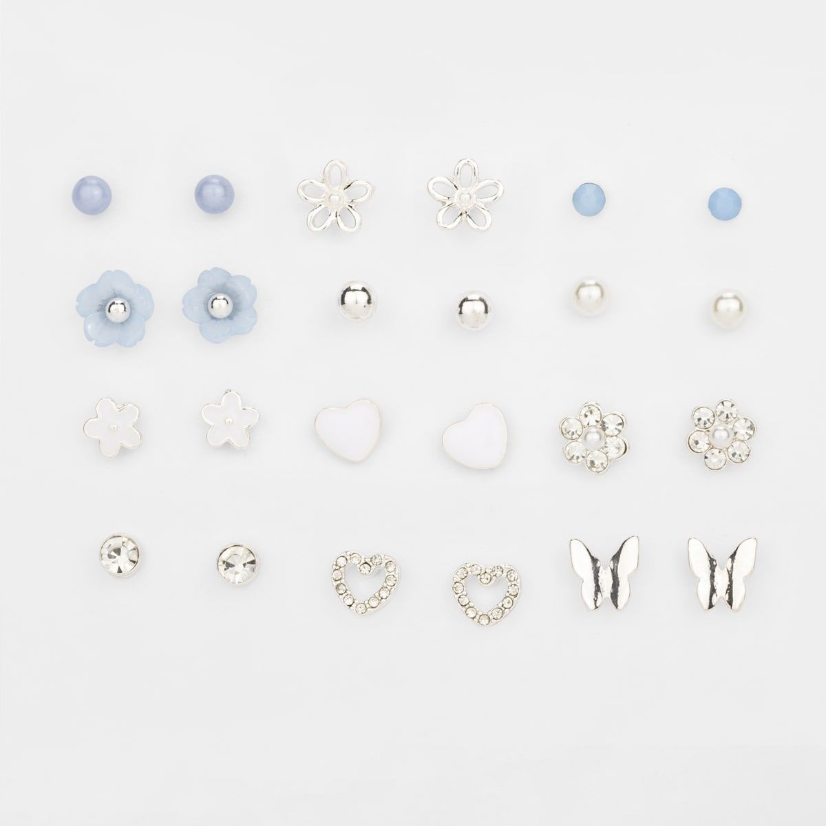 12 Pack Butterfly and Flower Stud Earrings - Blue and Silver Look