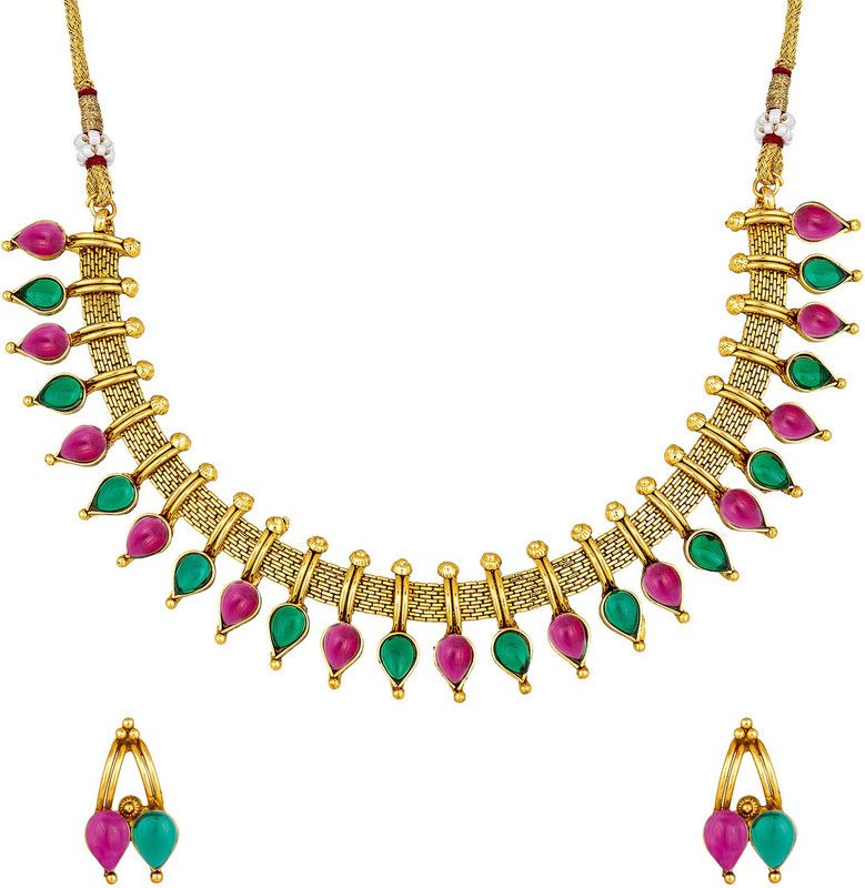Metal, Alloy Gold-plated Green, Pink Jewel Set  (Pack of 1)