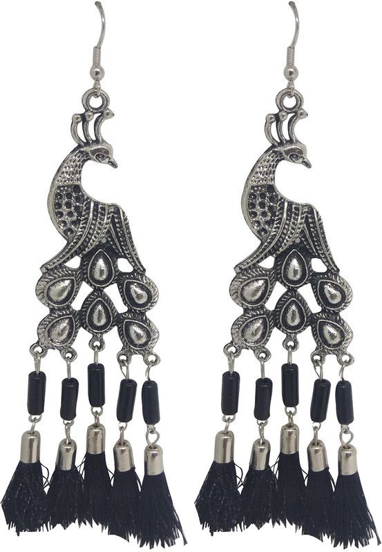 Oxidised Women/Girls Love To Wear Peaocock Design Thread German Silver Drops & Danglers