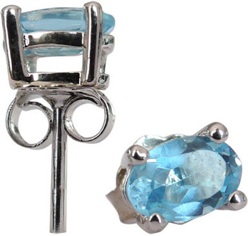 1.00 CTS, 6X4mm Oval Shape Genuine Blue Topaz .925 Silver Stud Earring