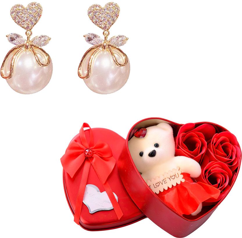 Valentine Gifts For Girlfriend Heart Stud Earrings For Women Heart Box & Teddy Cubic Zirconia Alloy Drops & Danglers