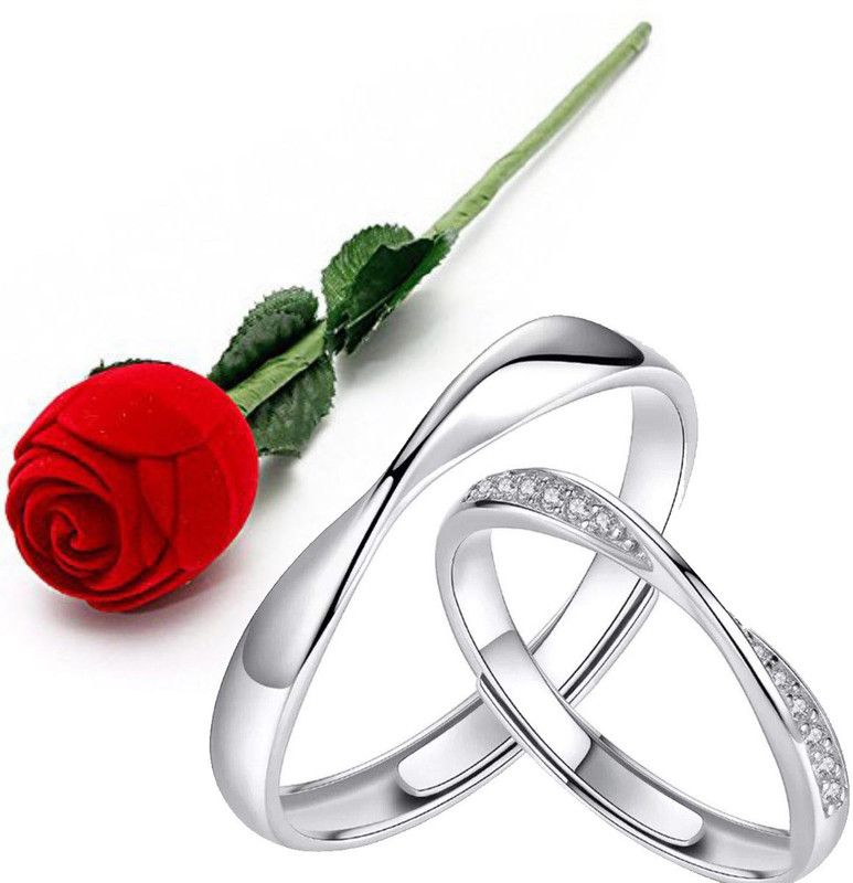 Propose Day Valentine Couple Adjustable Ring With Red Rose Box Stainless Steel Swarovski Zirconia Sterling Silver Plated Ring Set