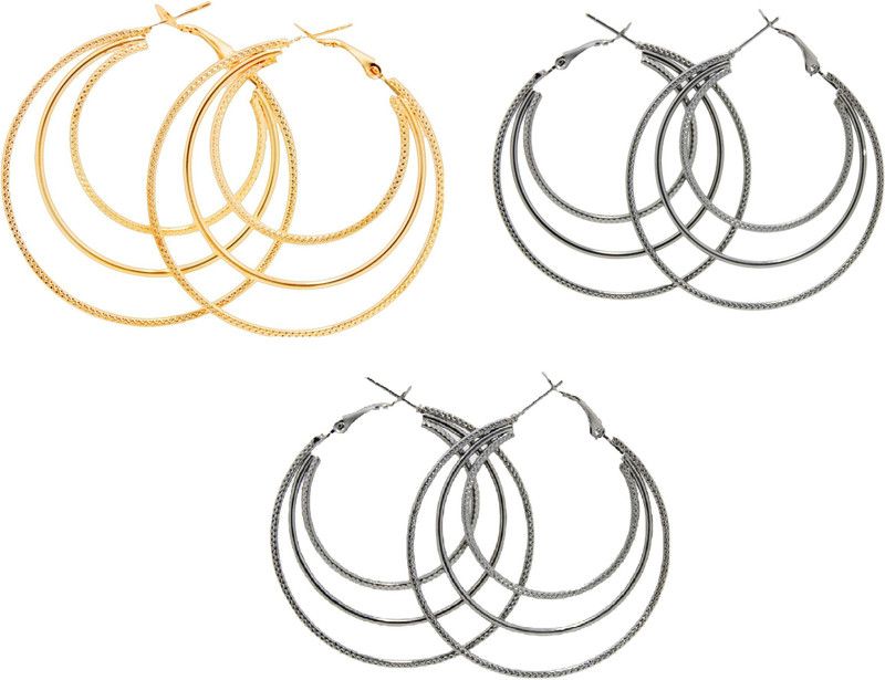 Trendy 4 cm Fancy 3 pair combo round Metallic Hoops Earrings for women/Girls Alloy Hoop Earring