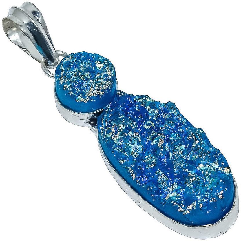 Blue Titanium Druzy Gemstone Handmade Fashion Jewelry Pendant 2.4" Stone Pendant