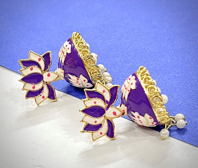 (Small Kamal Jhumki-Purple) Fancy Lotus Design Earring For Girls & Women Alloy Jhumki Earring