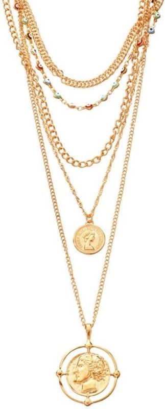 Gold Tone Evil Eye Good Luck Coin Multi Layer Multi Strand Fashion Beads Gold-plated Plated Metal, Alloy Necklace