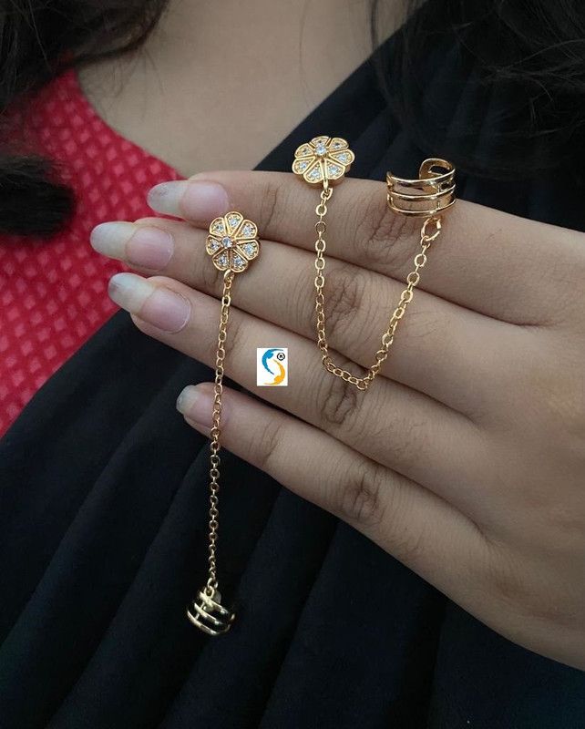 Rose Gold Plated Ad Diamond Beautiful Layer Flower Ear Cum Earkan Brass Drops & Danglers