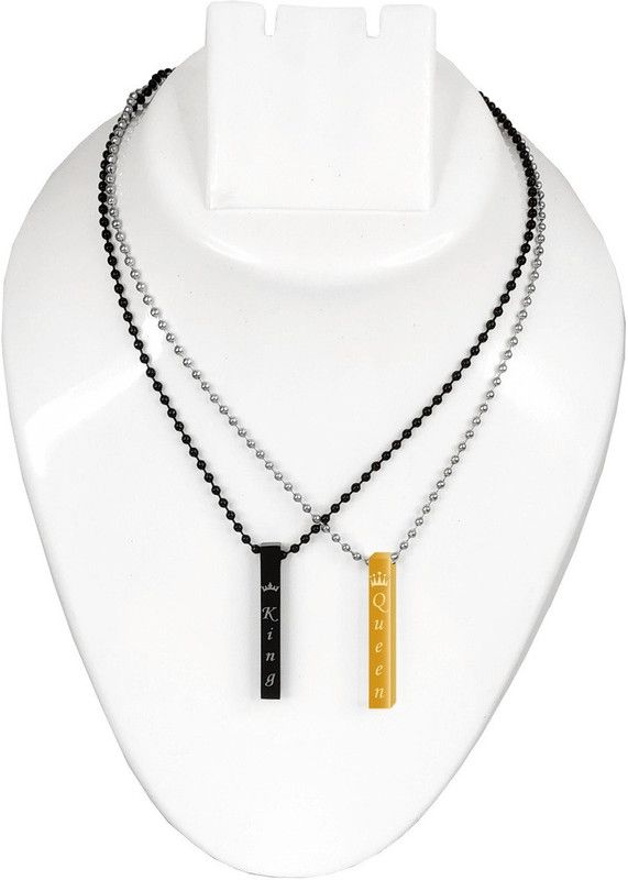 Golden & Black King And Queen Crown Cuboid Stick 3D Vertical Bar Pendant Locket Stainless Steel Pendant