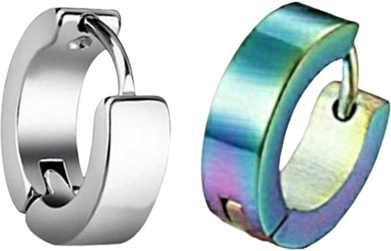 Combo of Silver & Multi Color Stainless Steel Piercing Hoop Earring for Men/Boys/Girls/Women/Unisex (2 Pcs) Metal Huggie Earring