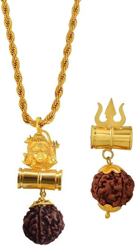Religious Bolenath Mahadev Shiv Shankar Trishul Damaru Locket With Brass Rope Chain Gold-plated Brass, Wood Pendant Set Gold-plated Beads Brass, Wood Pendant Set