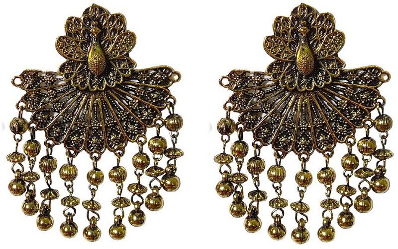 Precious golden beautiful peacock designed long light weight jhumko with golden ball earring for women & girls Alloy Plug Earring