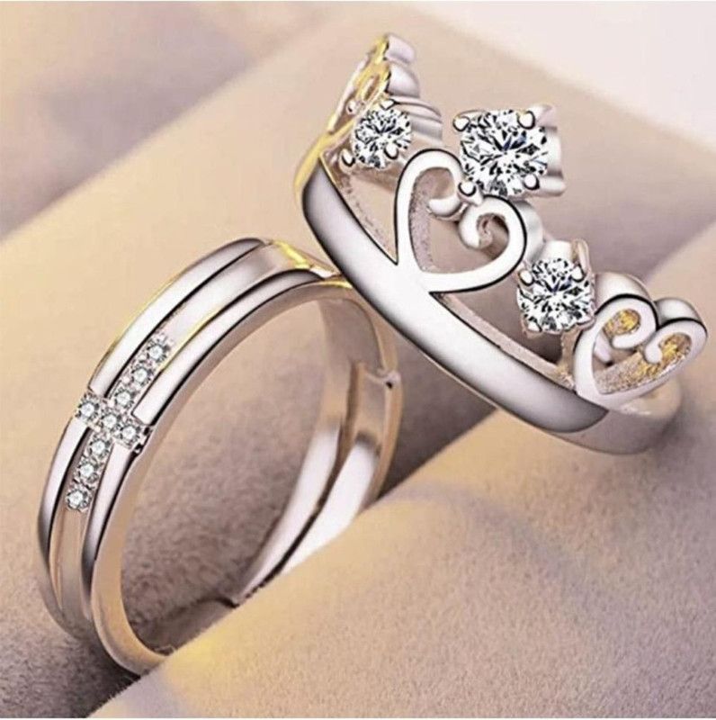COUPLE SET RING SILVER CROWN STYLE Alloy Crystal Silver Plated Ring Set