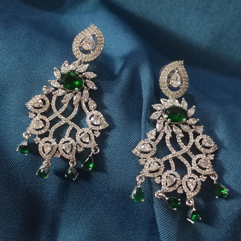 Green Emerald long danglers Emerald, Cubic Zirconia Brass Drops & Danglers