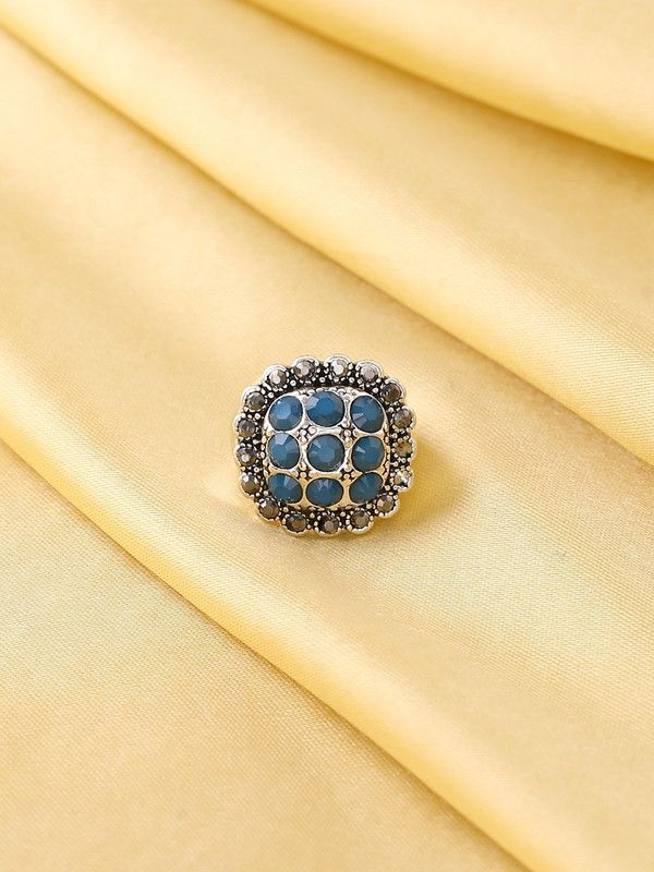 Ethnic Stone Studded Onesize Oxidised Finger Ring for Girls and Women Brass Ring