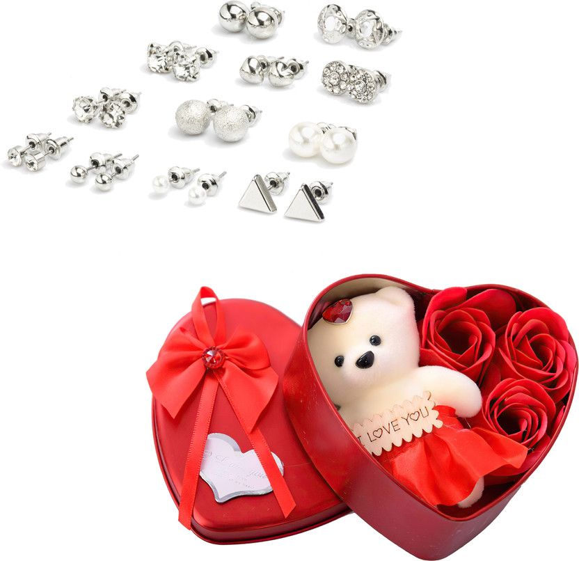 Valentine Gifts For Girlfriend Heart Stud Earrings For Women Heart Box & Teddy Pearl Alloy Stud Earring
