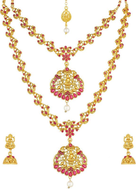 Metal, Alloy Gold-plated Gold, Pink Jewel Set  (Pack of 1)