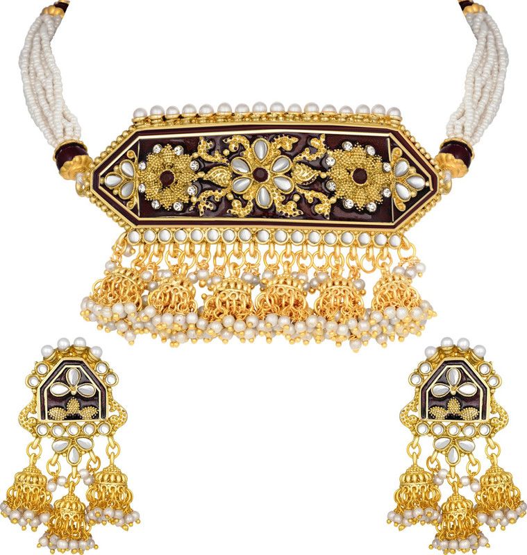 Brass Gold-plated White, Gold, Maroon Jewel Set  (Pack of 1)