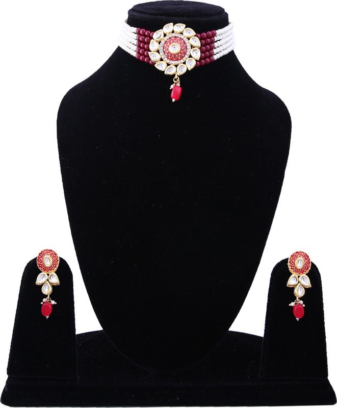 Alloy Gold-plated Maroon, Gold, White Jewel Set  (Pack of 1)