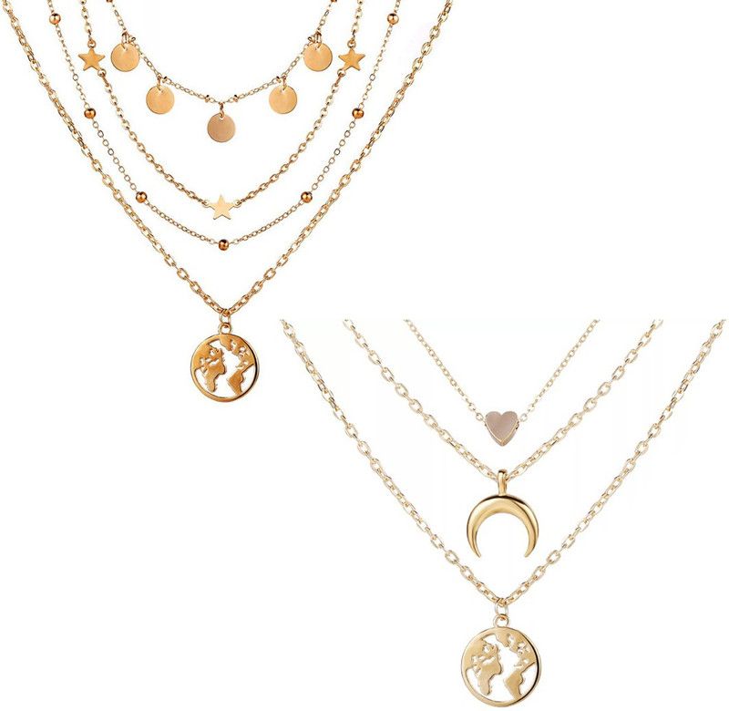 Pack Of 2 Layered Coin Heart Moon and Earth Pendant Gold-plated Plated Alloy Necklace