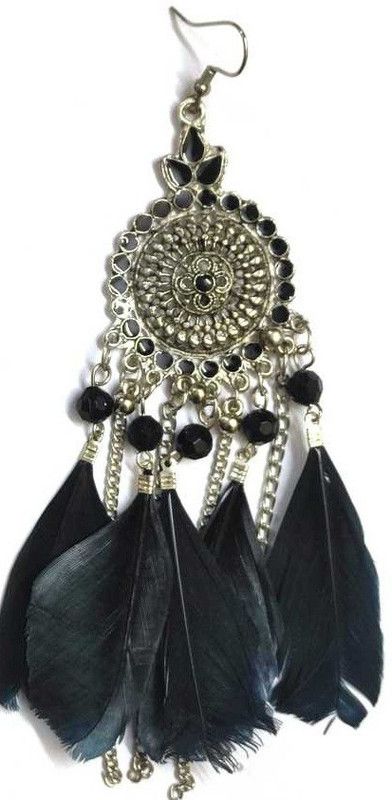 BLACK FEATHER CHAIN LAYER EARRING Alloy Hoop Earring