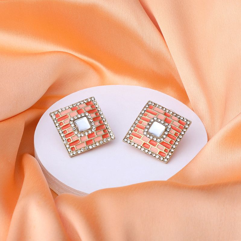 Orange Pink Meenakari Enamel Squarish Dangler Earrings with Crystals Crystal Alloy Stud Earring