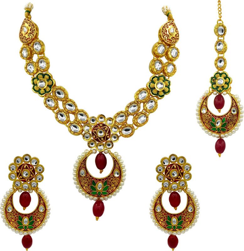 Stone, Zinc, Alloy Gold-plated Maroon Jewel Set  (Pack of 1)