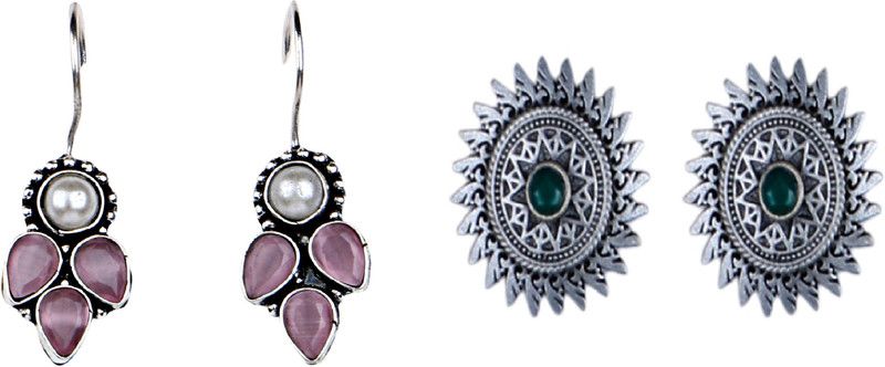 Combo Of American Diamond Oxidized Silver Lookalike ROSE GOLD Stone Fish Hook And BRASS ROUND GREEN STONE CHAKRA STUD EARRINGS Brass Earring Set