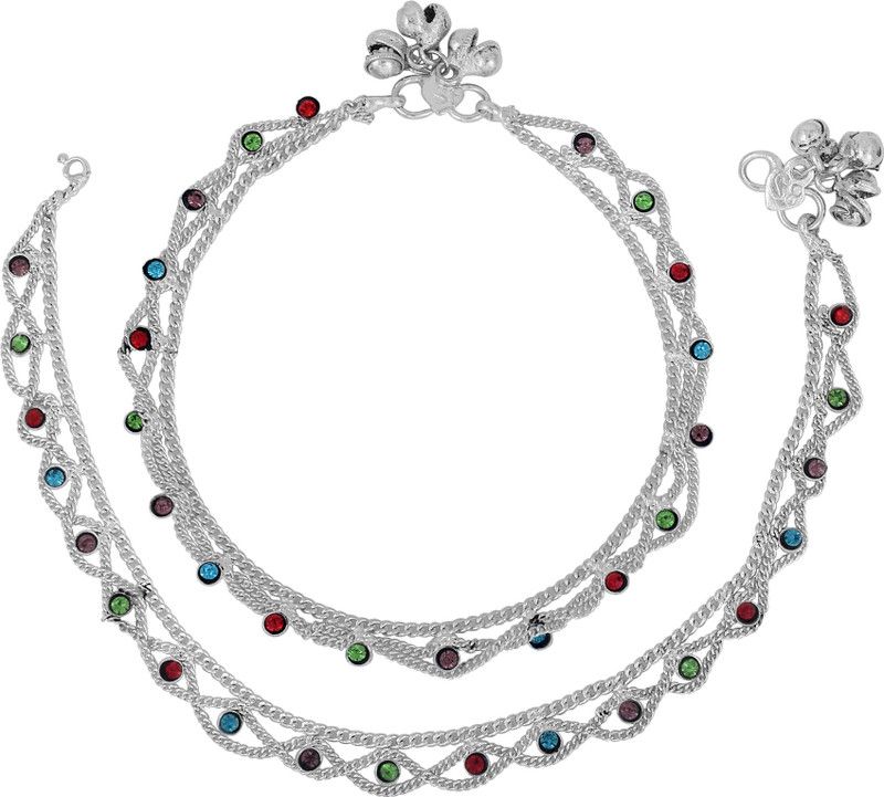 MissMister Pure Silver coating brass, Colourful CZ studded, stylish, double strand style light weight Anklet Brass Anklet