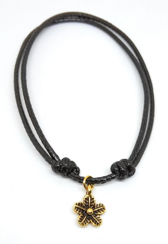 AKS Jewelz Adjustable Knot black rope Anklet with Gold Flower Charms Cotton Dori Anklet