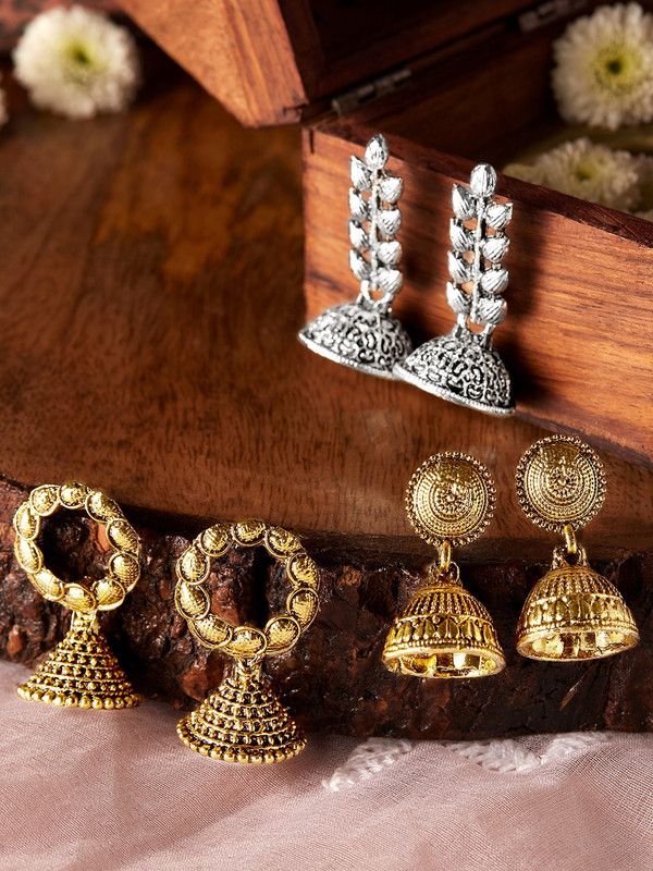 Rubans Set Of 4 Earrings 2 Silver Plated and 2 Gold Plated Earrings Silver Jhumki Earring