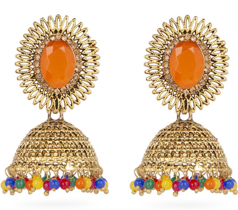 Gold Plated Fancy Jhumki Orange Beads Alloy, Metal Jhumki Earring
