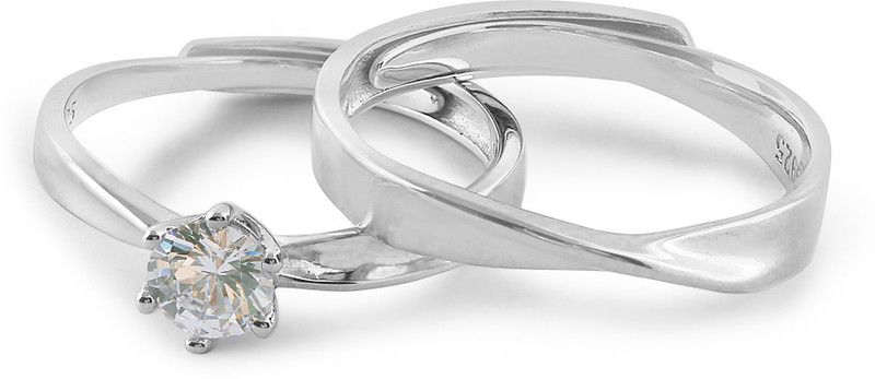 ZAVYA 925 Sterling Silver, Rhodium-plated 5mm Solitaire and Plain Adjustable Couple Ring Set | With Certificate of Authenticity and 925 Hallmark Sterling Silver Cubic Zirconia Silver Plated Ring